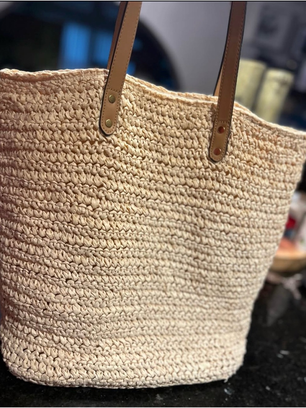Banana Republic Woven Tote Bag with Tan Handles - Neutral Beach Tote